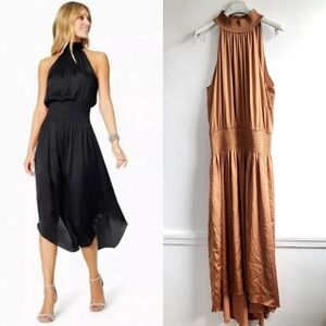New Ramy Brook Belle Halter Neck Sleeveless Smocked Light Cognac Midi Dress Sz L